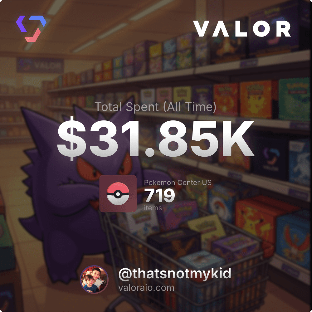 Snapshot shared by member thatsnotmykid: total spent all time $31.85K, 719 items on Pokémon Center US