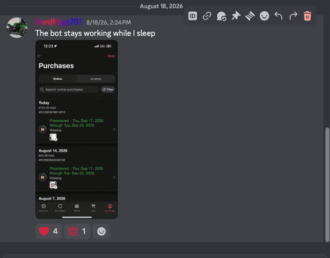 Discord message from NerdRage707: The bot stays working while I sleep, with a Target purchases screenshot showing preorder confirmations.