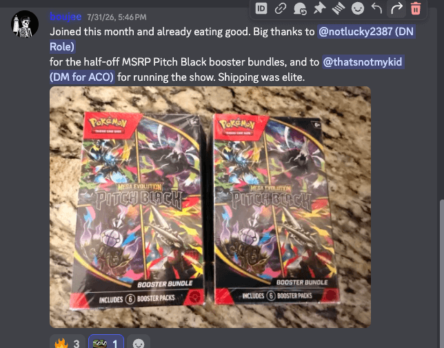 Discord message from boujee thanking the team, with a photo of two sealed Pitch Black booster bundles.