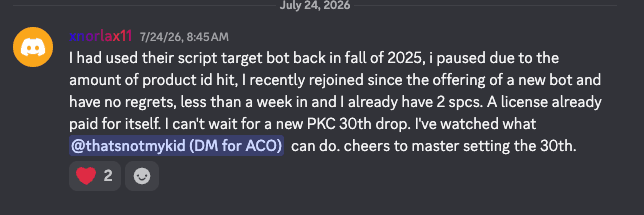 Discord message from xnorlax11 about rejoining and landing two SPCs within a week.