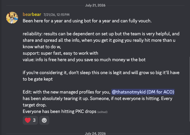 Discord message from bearbear vouching after a year, covering reliability, support, and value, and noting managed profiles hitting every Target drop.