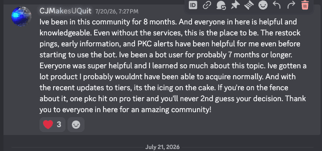 Discord message from CJMakesUQuit about eight months in the community and the value of the bot.