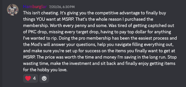 Discord message from Hamburglar about buying at MSRP with the pro membership.