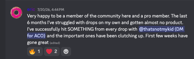 Discord message from eric about hitting something from every drop after struggling alone for six months.