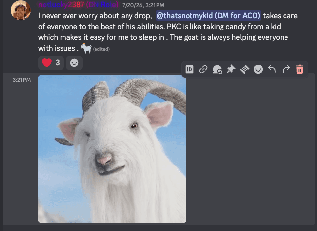 Discord message from notlucky2387 saying they never worry about a drop, with a goat photo attached.