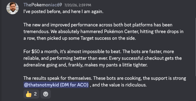 Discord message from ThePokemoniac69 about hitting three Pokémon Center drops in a row plus Target.