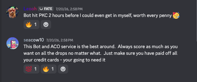 Two Discord messages: Laooh on the bot hitting Pokémon Center two hours before they could, and seacow10 on the service.