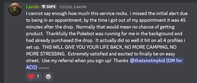Discord message from Lando about the bot buying a drop on all four profiles while they were in an appointment.