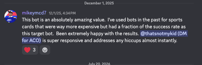 Discord message from mikeymcd7 comparing the Target bot favorably to pricier sports-card bots.